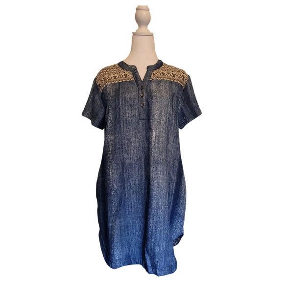 ODDY Boutique Chambray Style Linen Geometric Shoulder Design Dress Sz Small EUC - Picture 2 of 9